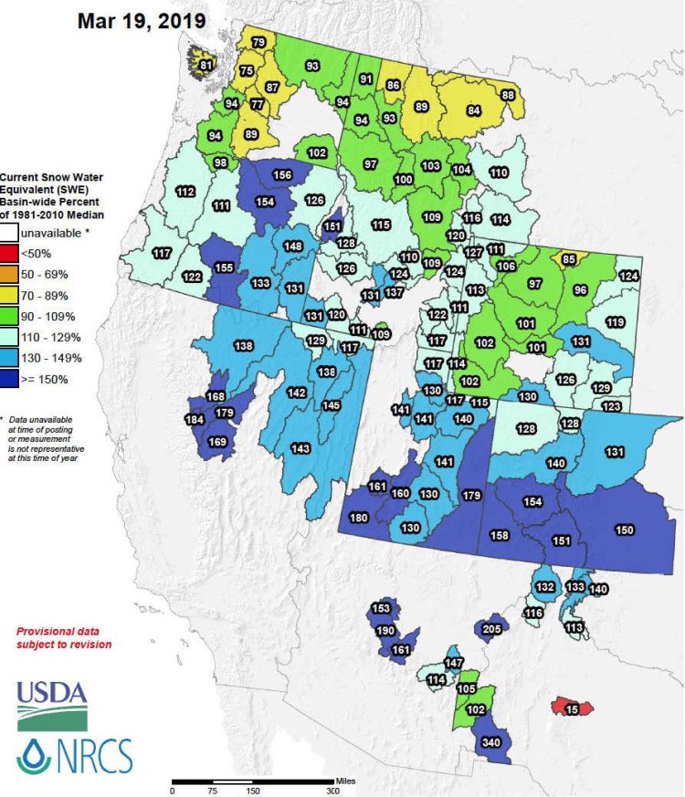 Basin Visual Shows SWE percentages. COURTESY NRCS