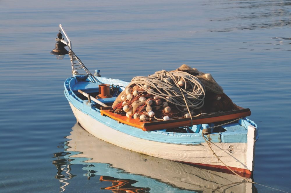 Small,Fishing,Boat,With,Fishing,Net,And,Equipment